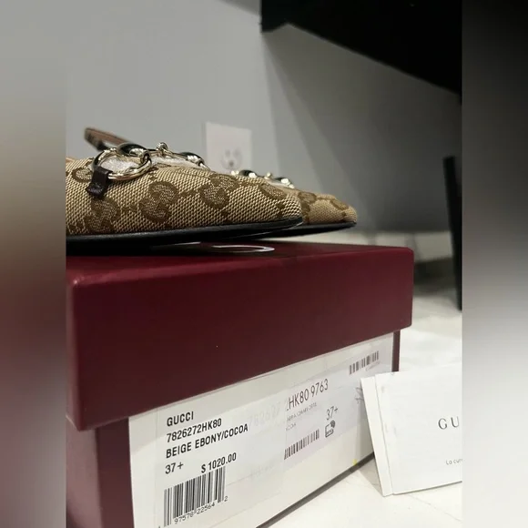 Like New Gucci GG Monogram Horsebit Slingback Flats pointed Size 37.5 - Picture 10 of 15